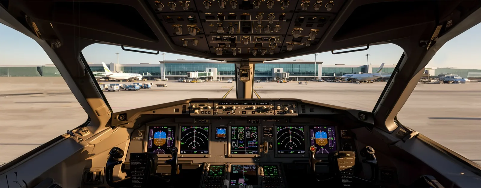 An airliner flight deck with its glass displays lit, looking out over the apron