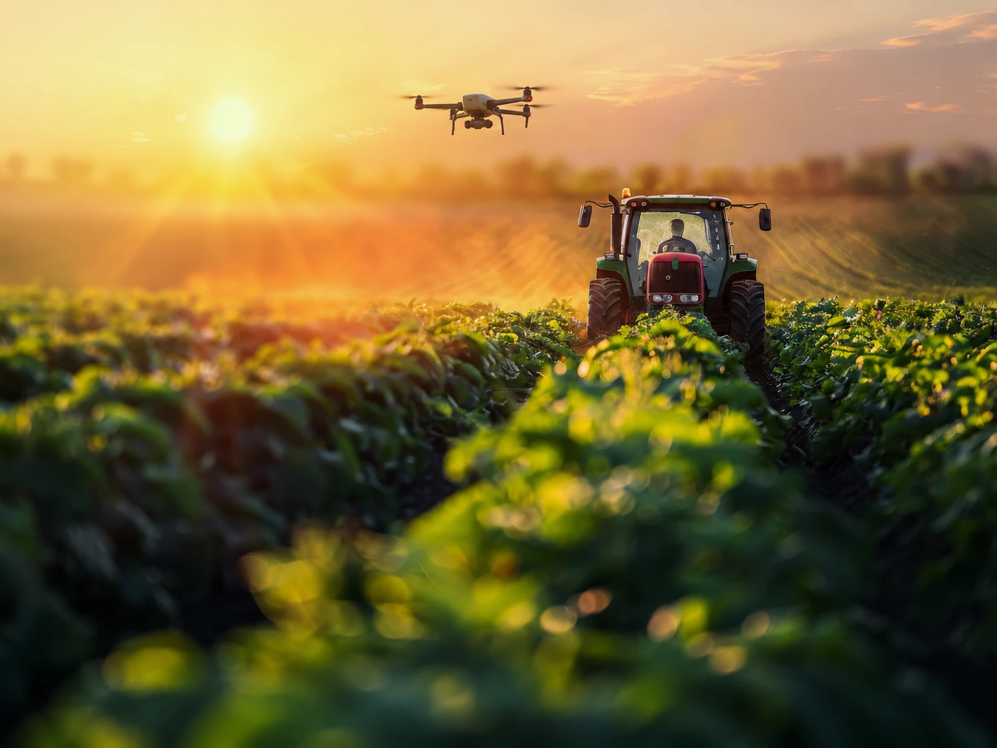 A tractor working rows of crops at sunset while a survey drone flies overhead