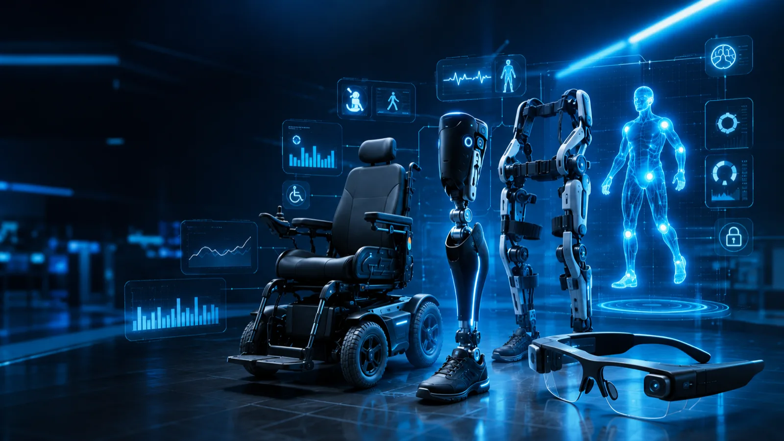 A powered wheelchair, a prosthetic leg, a lower-limb exoskeleton and camera glasses
