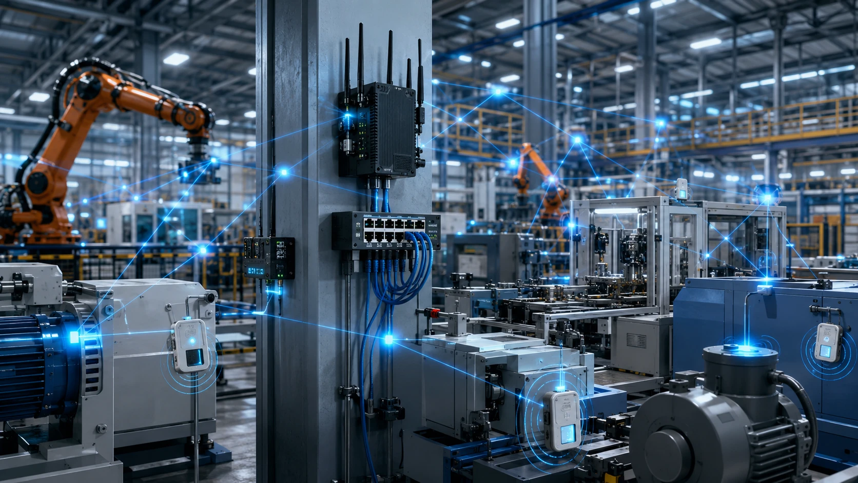 An industrial access point and switch on a factory column, links traced out to robot cells, motors and machine sensors