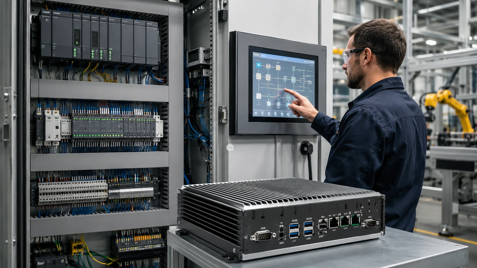 An operator at a touchscreen HMI next to an open control cabinet of PLC racks and terminal blocks, an industrial PC on the bench