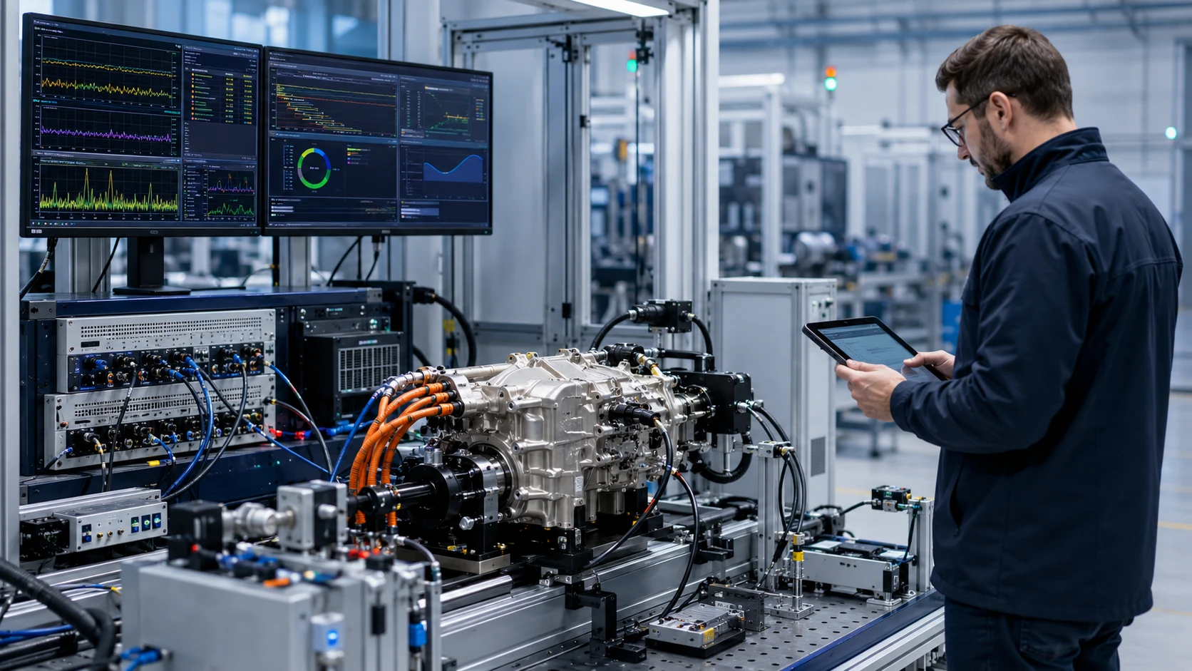 An electric drive unit on a test rig wired to measurement racks, an engineer reading the run on a tablet