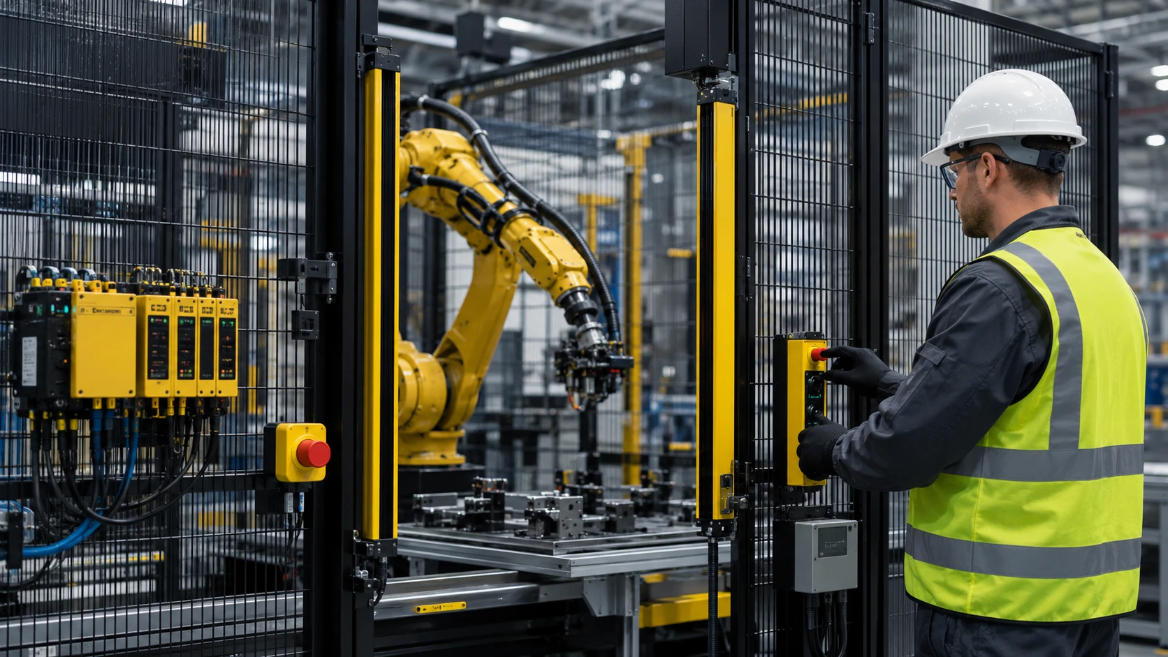 A guarded robot cell with light curtains, safety relays and an emergency stop, an operator at the control station outside the fence
