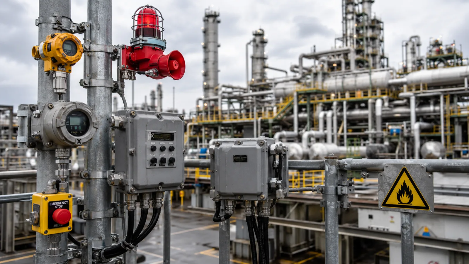 Explosion-proof gas detectors, an alarm beacon and an emergency stop button at a refinery