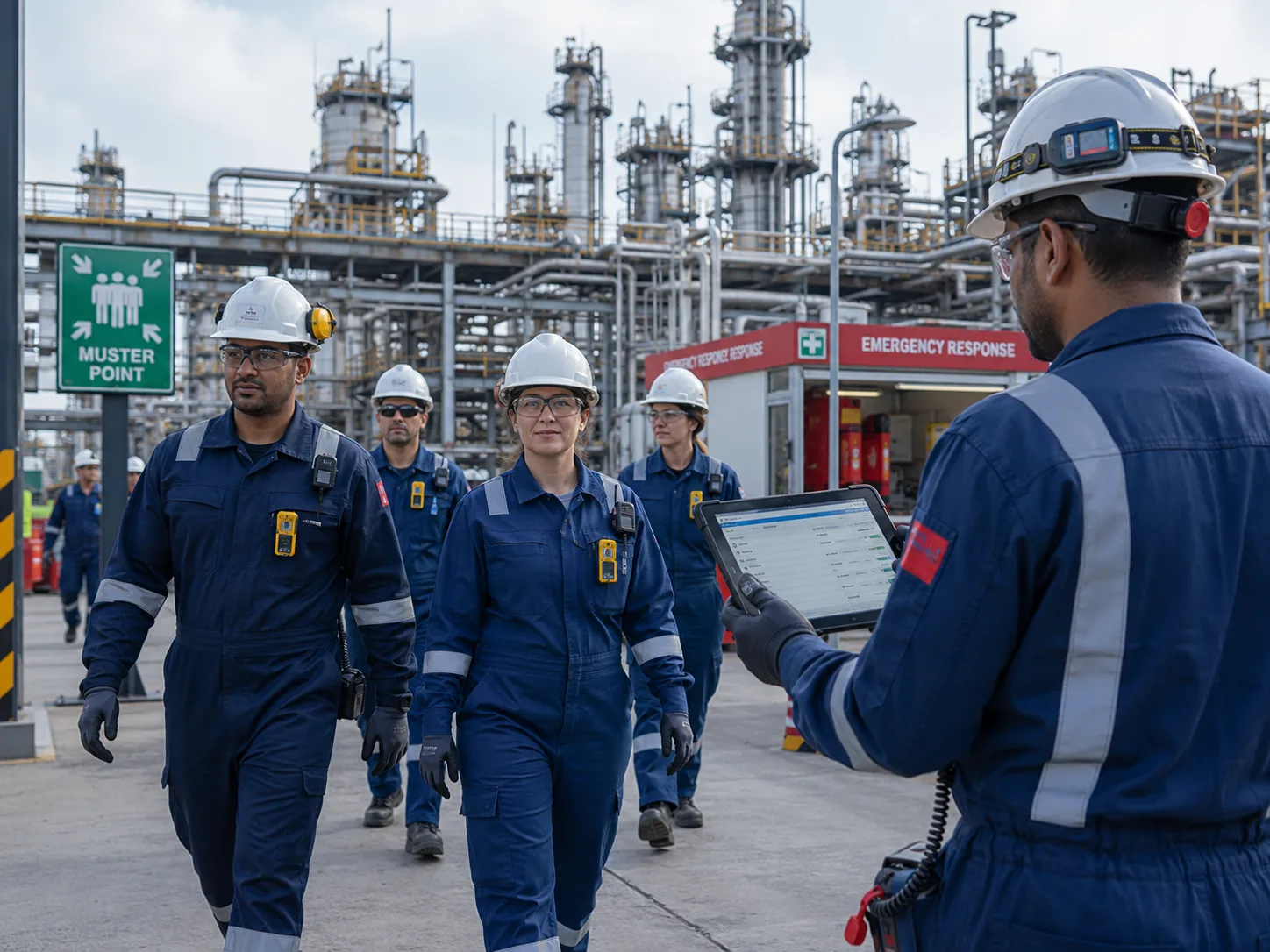 Refinery crew in coveralls and hard hats, personal gas detectors clipped to their chests, walking past a muster point