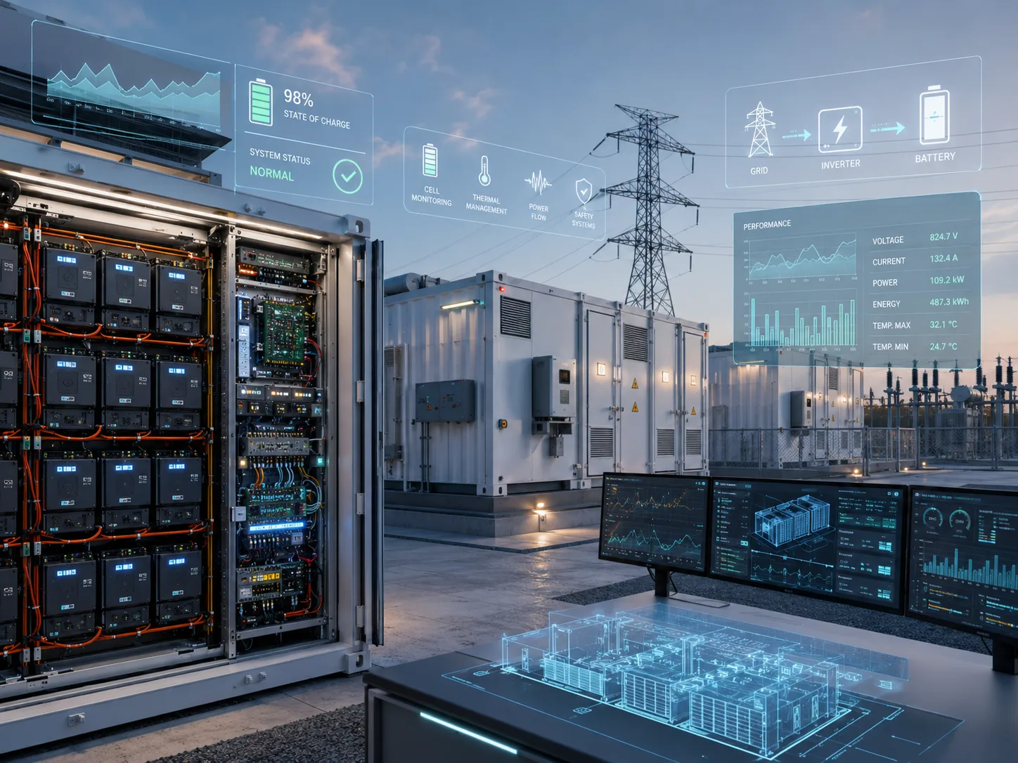 An opened battery cabinet at a storage site, with state-of-charge and performance readouts overlaid