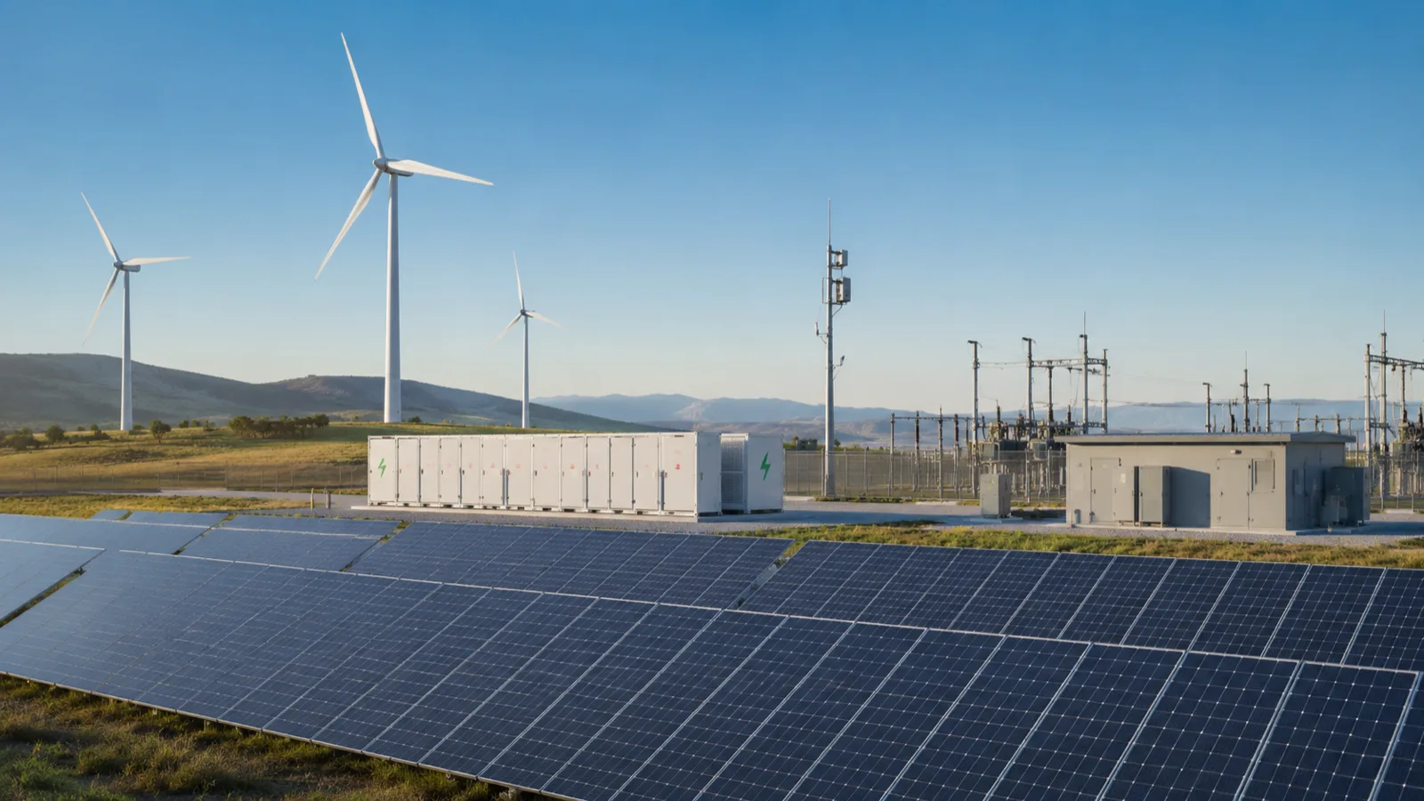 A solar field and battery containers beside a substation, wind turbines on the ridge behind