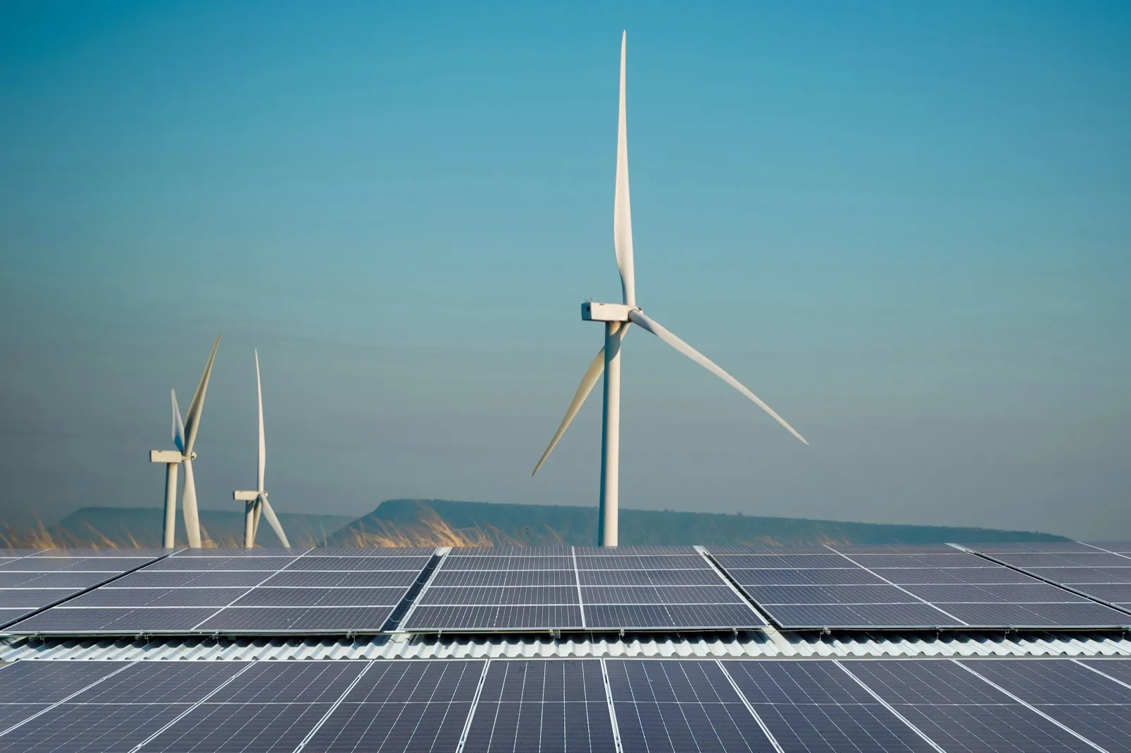 Rows of solar panels with wind turbines rising behind them