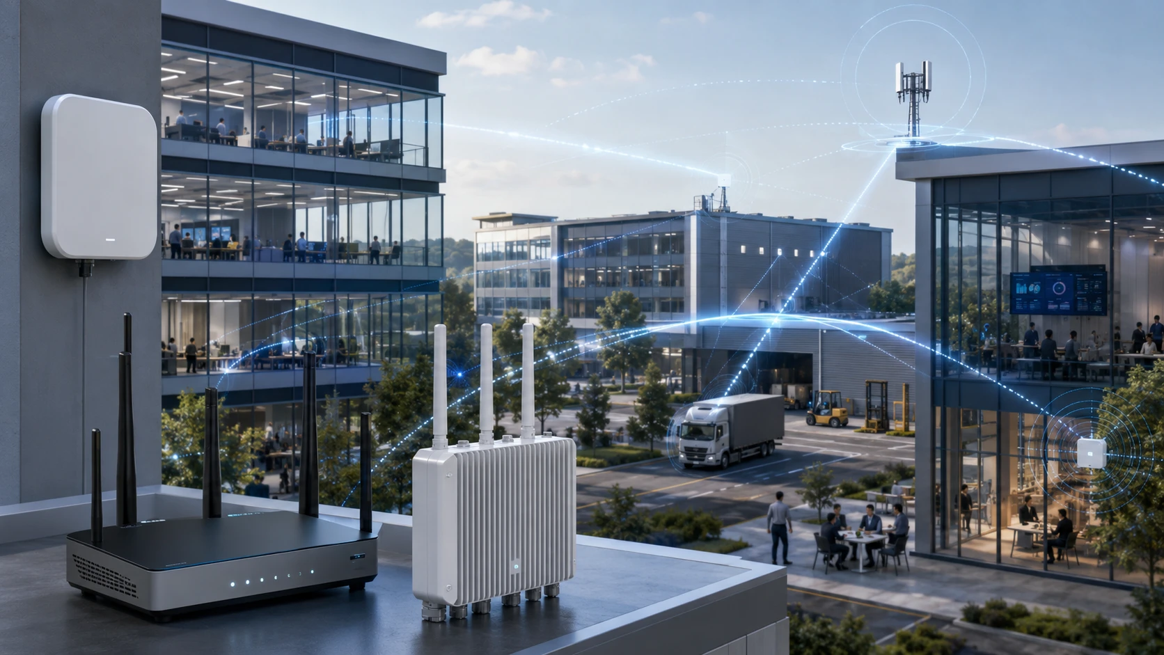 A business park linked by wireless access points and a gateway on a rooftop, with signal paths drawn between the buildings