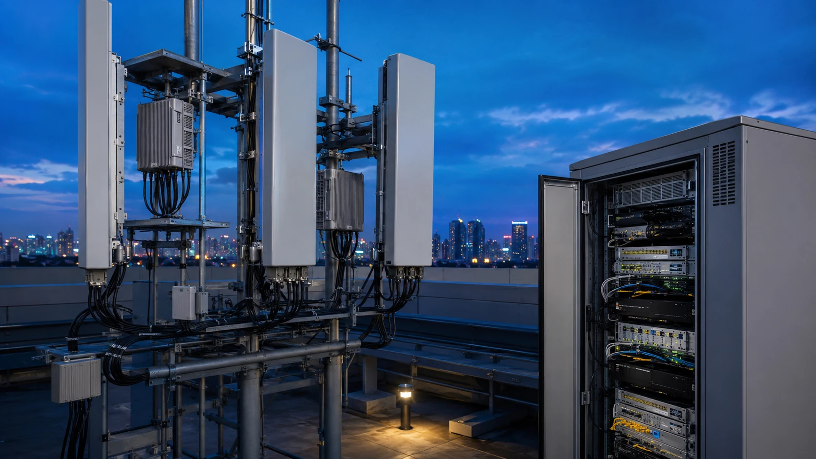 A rooftop cell site at dusk — sector antennas and remote radio units beside an open equipment cabinet, city skyline behind