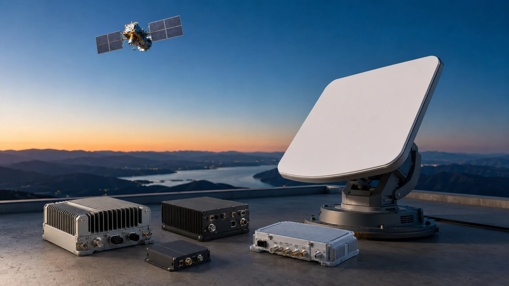 A flat-panel satellite terminal and rugged RF modems on a hilltop at dusk, a satellite passing overhead