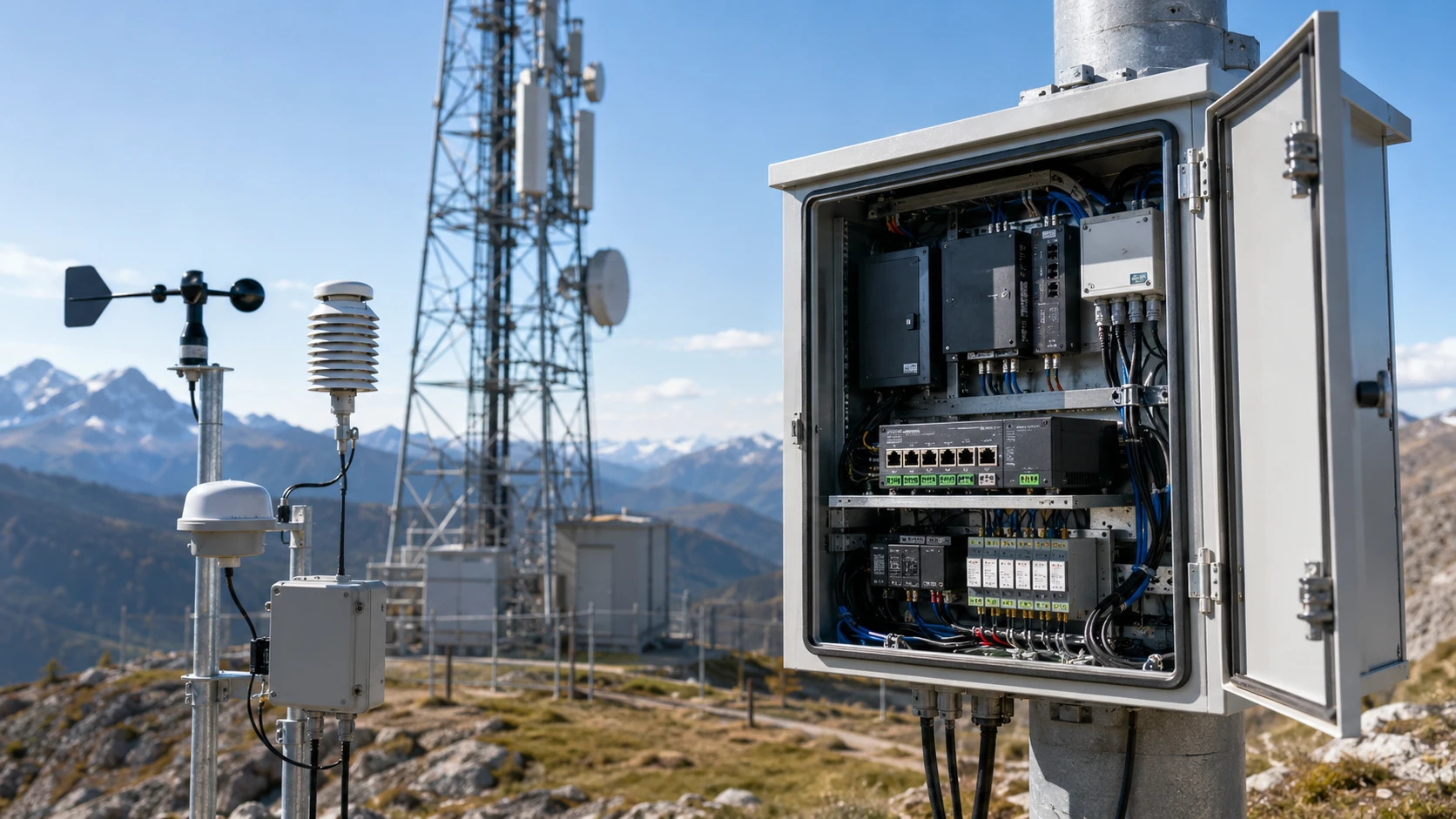 An open roadside cabinet of gateways, switchgear and surge protection at a mountain-top mast, weather sensors alongside
