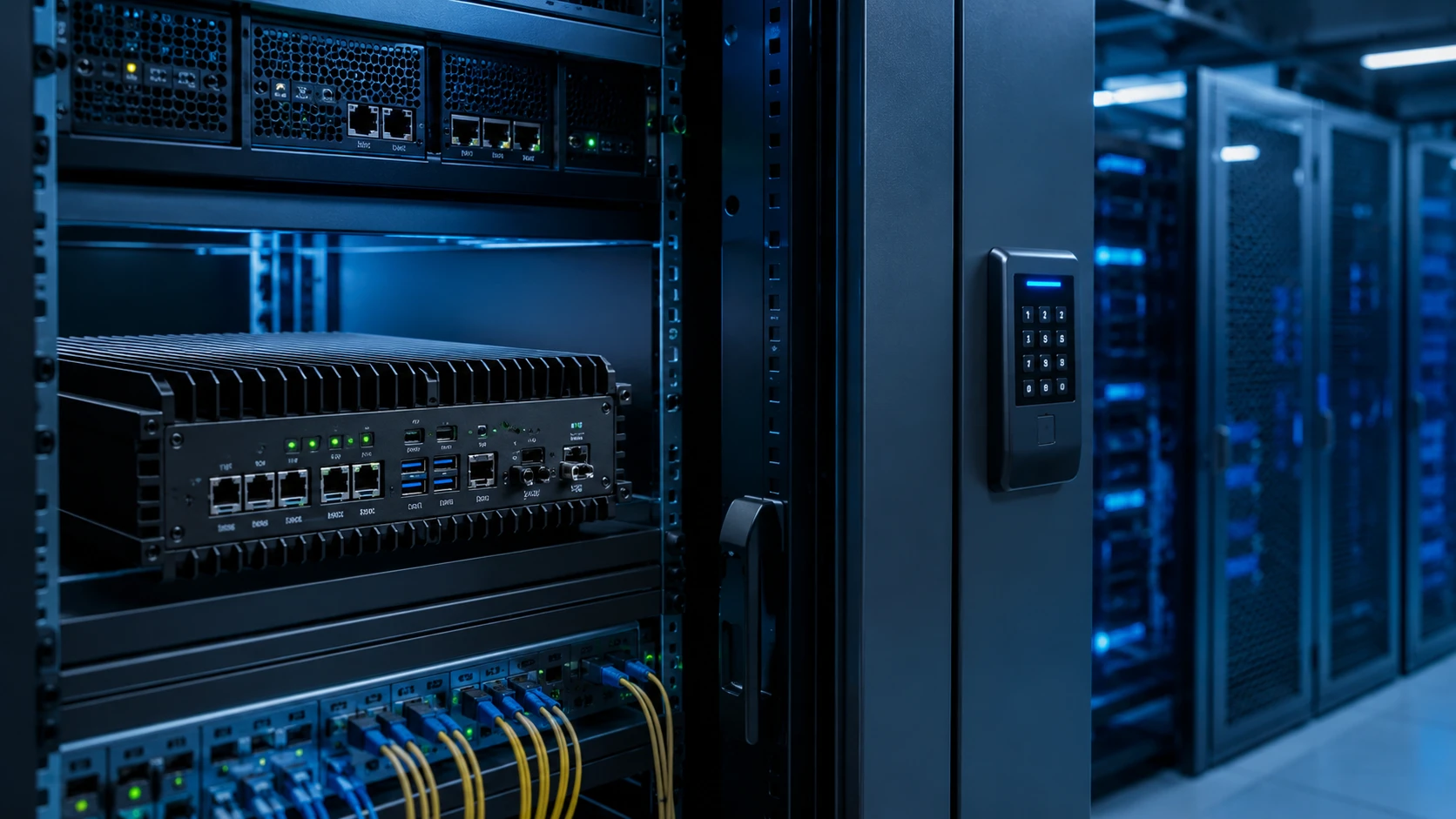 A rack-mounted edge appliance in a data center cabinet secured by a keypad lock