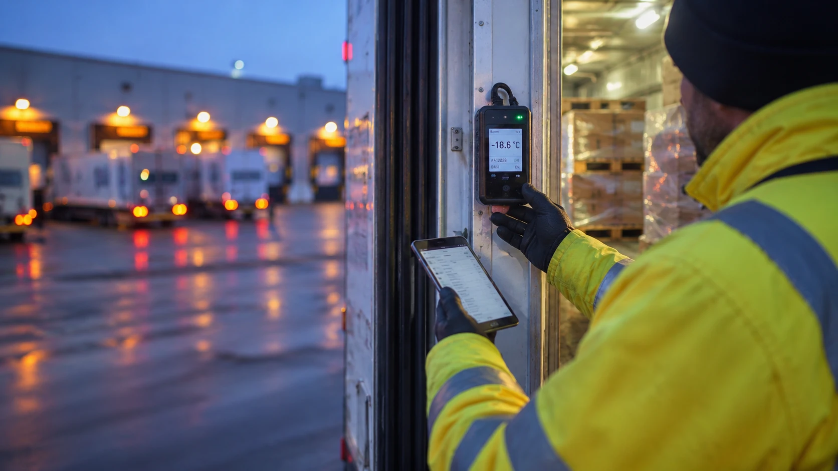 A worker at a refrigerated trailer door reading a logger at minus eighteen degrees, loading bays lit behind