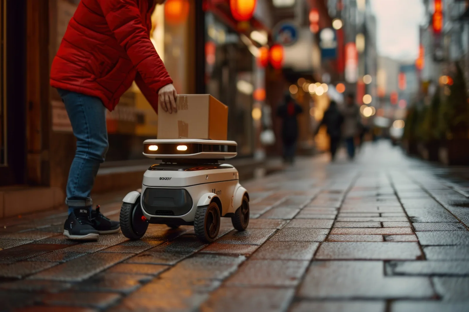 A parcel being loaded into a sidewalk delivery robot on a wet city street