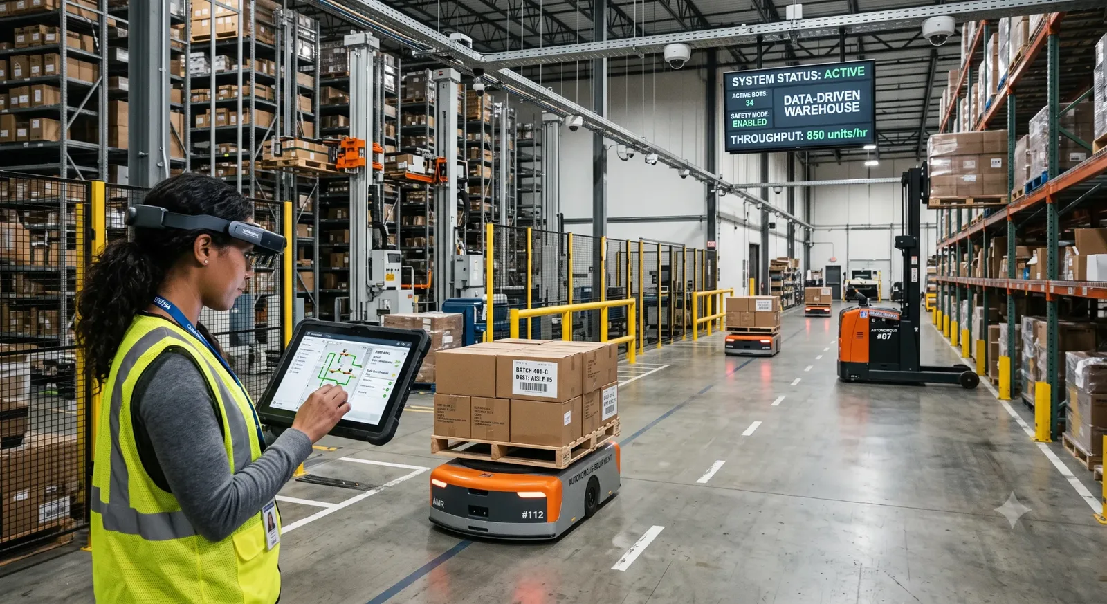 An autonomous mobile robot carrying a pallet down a warehouse aisle while a worker follows its route on a rugged tablet